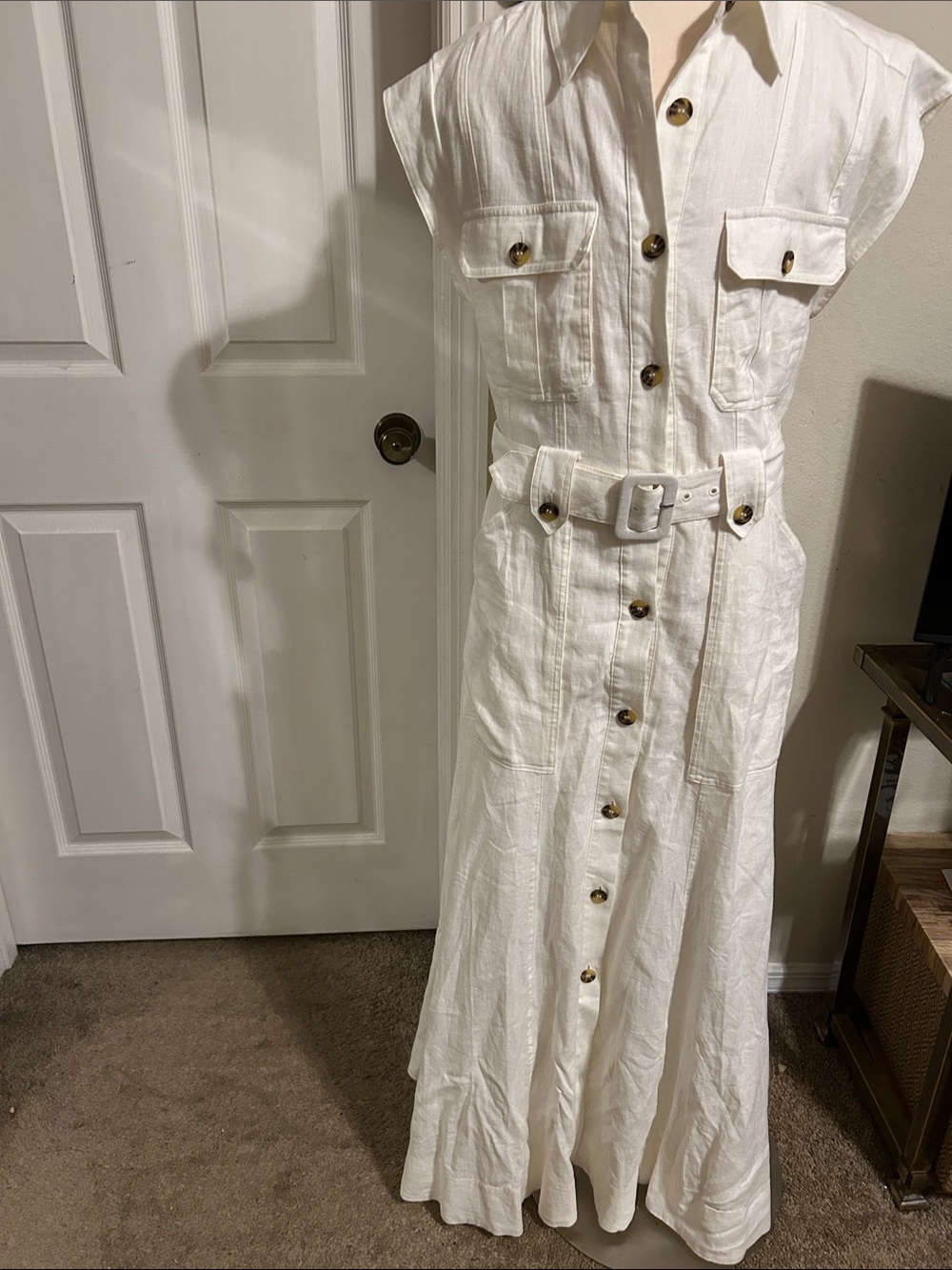 NICHOLAS White Button-Front Belted Linen Maxi Dress